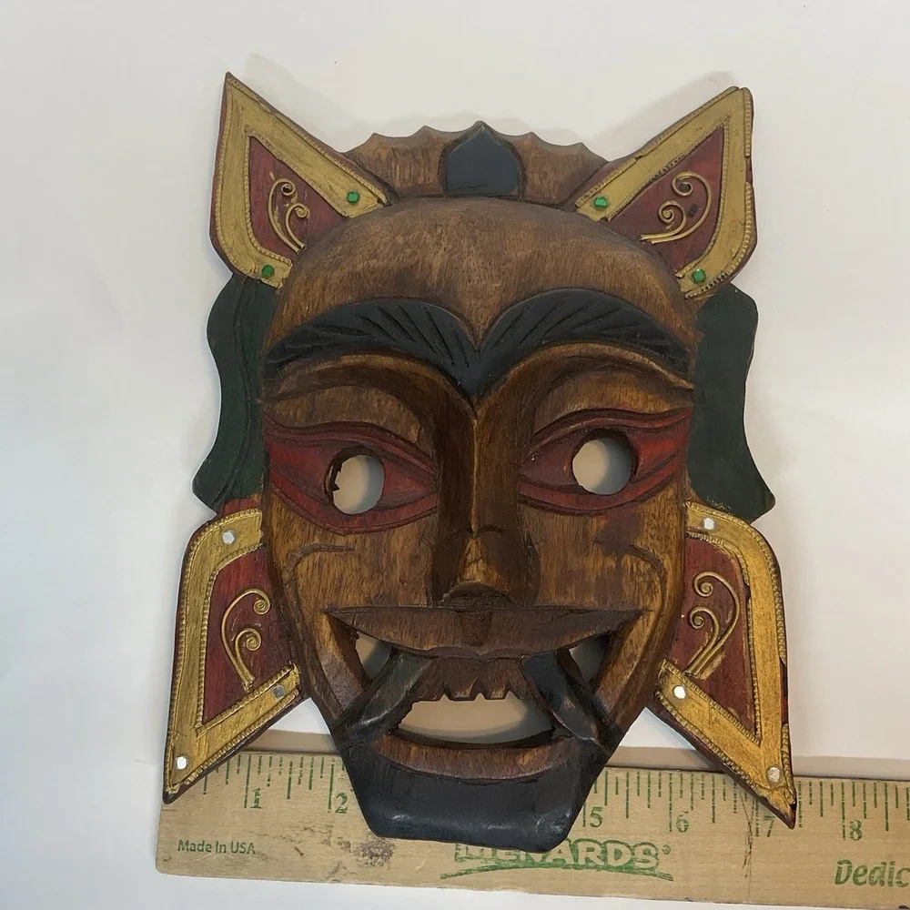 Vtg Hand Carved Wood Mask-Hand Carved & Painted-Decor - Rhinestones - 10 x 7 in.